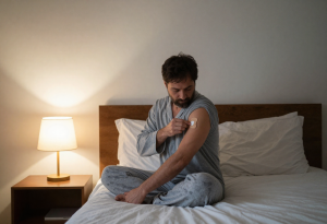 Man applying testosterone patch at night as part of medical treatment for low testosterone.