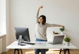 Person adjusting their organized workspace to improve focus and reset their mind.