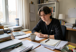 Person looking mentally fatigued at a home desk mid-morning.