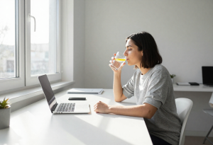 Person drinking lemon water at a desk as a quick mid-morning reset to improve focus.
