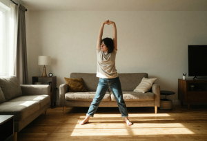 Person stretching or walking indoors to reset their mind after a busy morning.