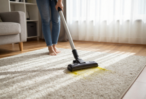 Person cleaning a living room to reduce pollen and indoor allergens.