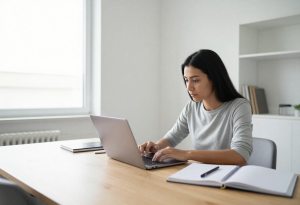 Woman in her early 30s reviewing information on a tablet, reflecting on questions about early perimenopause.
