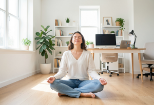 Person practicing mindful breathing in a bright room to reset their mind after a busy morning.