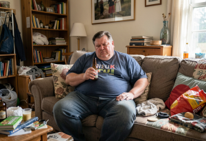 Slightly overweight man sitting on a couch holding a beer, illustrating lifestyle factors linked to low testosterone.