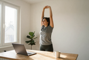 Person taking a short movement break at their desk, stretching to support circulation and energy during the workday