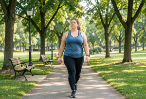 Woman in her early 30s walking outdoors, reflecting on subtle mood and energy changes during early perimenopause.