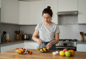 Woman in her early 30s preparing a healthy snack, practicing self-care while tracking lifestyle factors during early perimenopause.