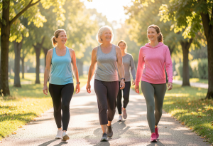 Woman taking a brisk morning walk outdoors, illustrating natural lifestyle strategies to boost energy and reduce fatigue