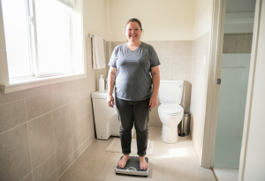 Slightly overweight person smiling while standing on a bathroom scale in a sunlit bathroom, illustrating the positive results of small daily habits for weight loss