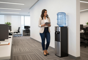 Wide-angle shot of a woman in her 40s/50s in an office break area, reaching for a glass of water or a drink from a cooler. She’s casually dressed, looks refreshed, and has a small snack or notebook nearby. The scene conveys a simple, everyday action that helps maintain energy during the workday.