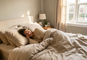 Person sitting up in bed stretching and smiling in morning sunlight, illustrating the daily habit of prioritising sleep to support weight loss