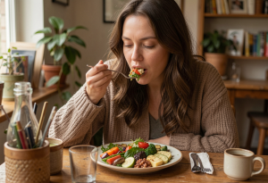 Woman practicing mindful eating at a table, eating slowly and focusing on her food for better digestion and reduced bloating