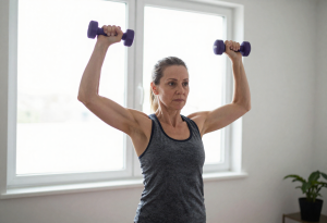Midlife woman doing strength training at home to support menopause weight loss