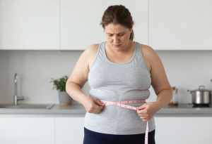 Midlife woman measuring waist to track belly fat during menopause