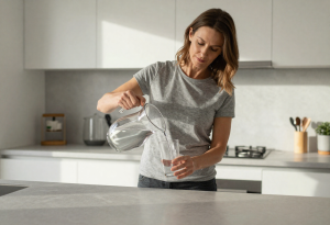 Midlife woman pouring a glass of water in the morning to reduce bloating after overeating