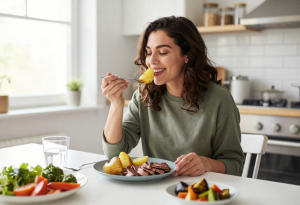 are potatoes good for weight loss - Woman enjoying a healthy potato-based meal at home