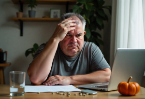 Slightly overweight person looking tired at a desk with water and healthy snack