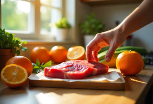 Assorted iron and vitamin-rich foods on kitchen counter for preventing bruising