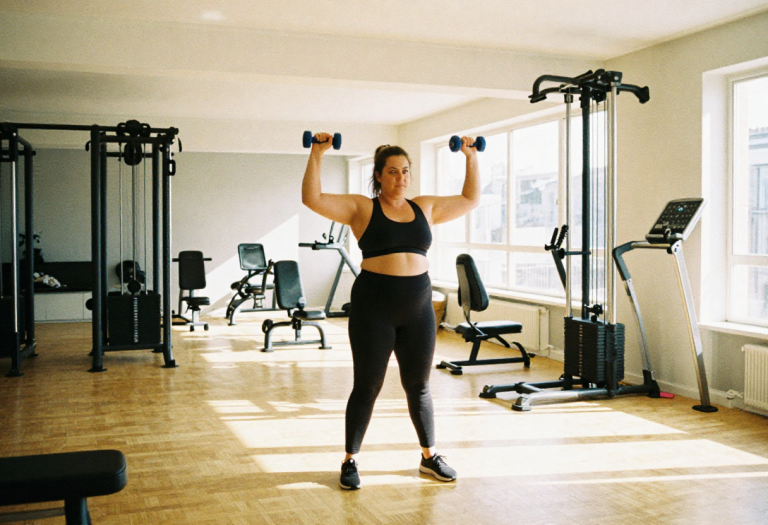 Woman in her 40s doing light strength training at home to support weight loss