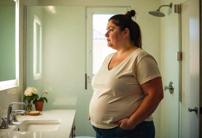 Woman in the morning reflecting on weight loss and bloating concerns