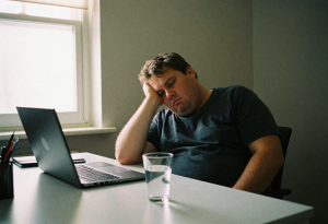 Slightly overweight man sitting at desk, tired, highlighting stress and lifestyle effects on weight loss over 40