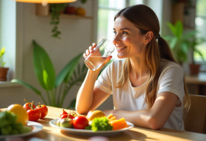 Person drinking water with metabolism-boosting hydrating foods like vegetables and fruit.