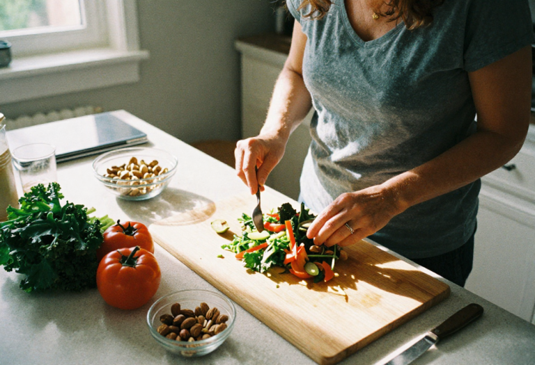 wide-angle view of a woman preparing a healthy meal with vegetables and nuts to support bone and joint health