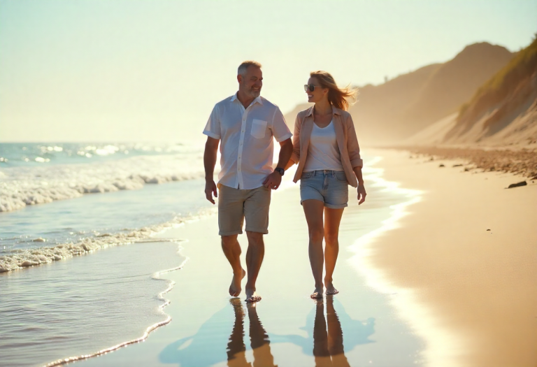 couple walking on a beach in the morning sunlight to naturally boost vitamin D