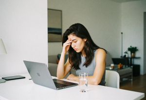 oung woman looking tired at her laptop with a glass of water on a modern desk near a window, illustrating signs of dehydration and importance of staying hydrated during work