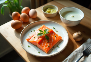 vitamin D-rich foods including salmon, eggs, yogurt, mushrooms, and fortified milk