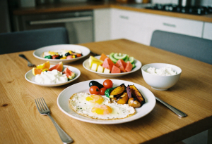 Balanced breakfast with eggs, fruit, and vegetables illustrating stable blood sugar to prevent hunger