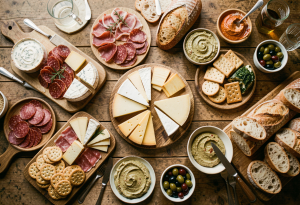 Table with cheese platters, dips, breads, and high-salt foods, illustrating indulgent meals that can cause bloating