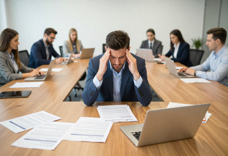 Stressed professional in a boardroom meeting illustrating stress causing weight gain