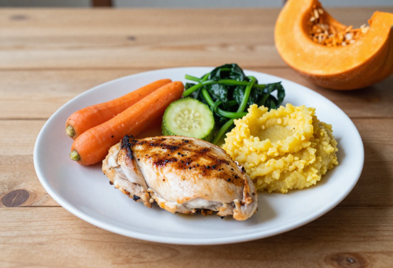 late of ulcer-friendly foods with grilled chicken, steamed vegetables, mashed pumpkin, and a glass of low-fat milk on a wooden table.