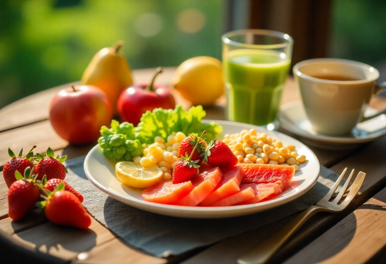 Healthy breakfast with metabolism-boosting foods including lean protein, whole grains, fruits, and green tea.