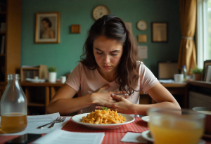 Wide-angle image of a person looking stressed while sitting at a desk or table with unfinished meals, hand on stomach, soft lighting, conveys tension and chronic digestive issues