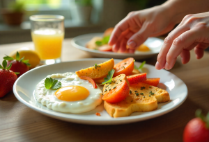 Healthy breakfast with fruits, eggs, and water, illustrating ways to naturally boost energy