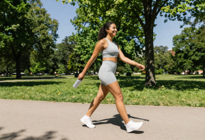 Person walking in a park feeling energized, showing the health and lifestyle benefits of intermittent fasting. 