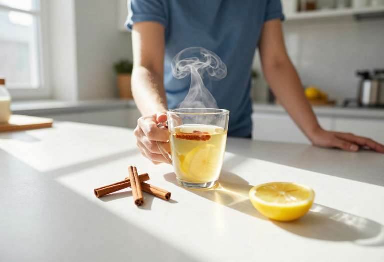 Steaming cup of cinnamon morning drink with cinnamon sticks and lemon, supporting weight loss and wellness.