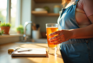 Person enjoying a cinnamon morning drink in the kitchen with weight loss tracking tools, illustrating a healthy morning weight loss routine. 