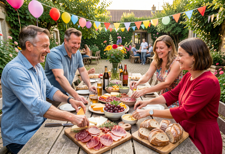 salt and bloating - Four adults around a table with cheese platters, cured meats, breads, and dips, sharing a festive gathering with high-salt foods.