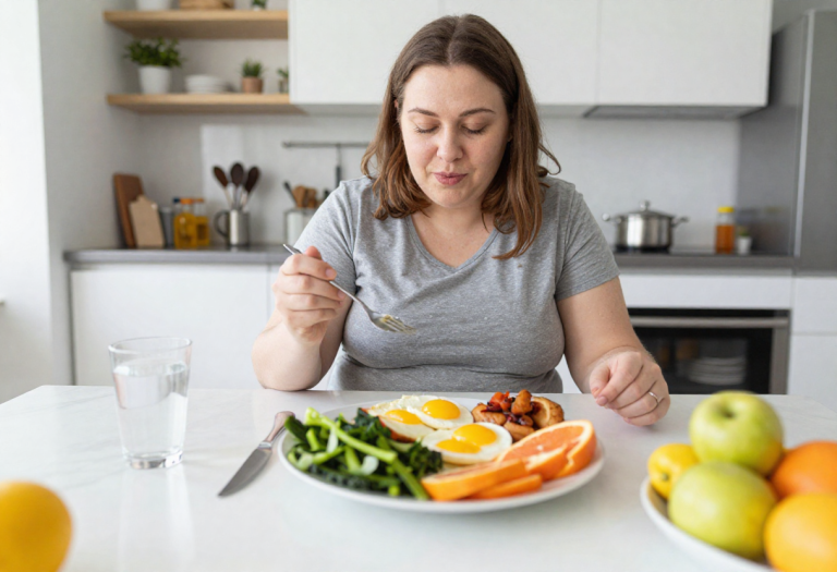 healthy metabolism Slightly overweight person enjoying a healthy breakfast to support metabolism