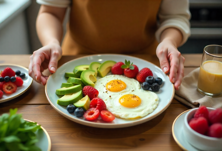 Person enjoying a healthy balanced breakfast to curb sugar cravings