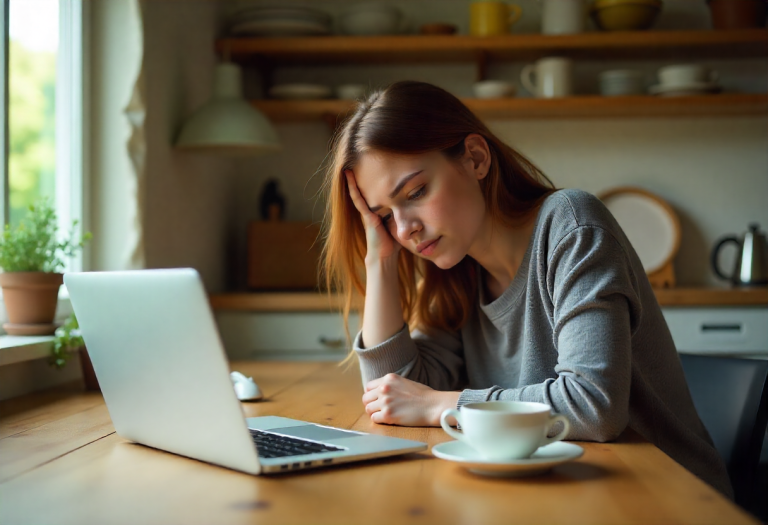 Posture causing headaches person sitting at a kitchen table looking tired with breakfast and tea, morning light