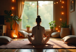 Person meditating at home to manage stress and curb sugar cravings