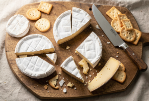 cheese and weight loss Variety of cheeses on a cutting board with crackers and knife, showing different types of cheese for a meal. 