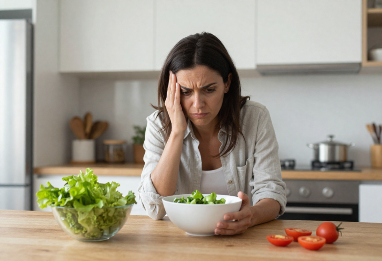 Woman sitting at a kitchen table looking frustrated with a healthy salad showing diet confusion