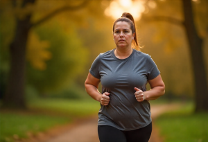 Slightly overweight woman jogging in a park representing a realistic weight loss journey