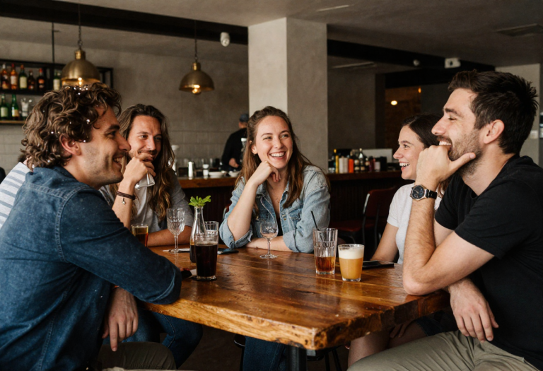 Adult at a well-lit bar with friends, subtly showing discomfort after drinking alcohol